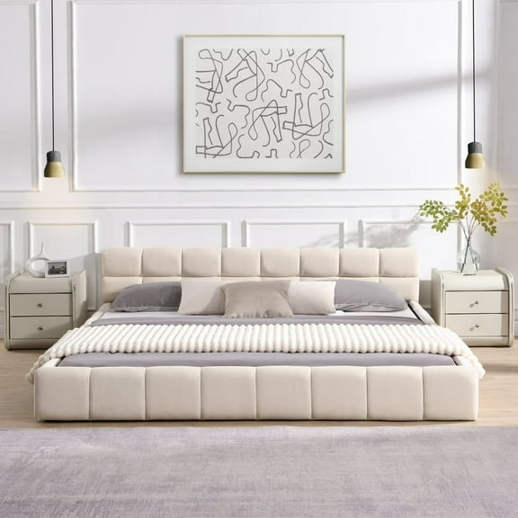 Elegant Beige Chenille Upholstered Bed with Checkerboard Design, King, Beige