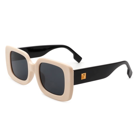 Elegant Beige Frame Black Temple Square Sunglasses - Dark Lens UV Protection Stylish Daily Eyewear