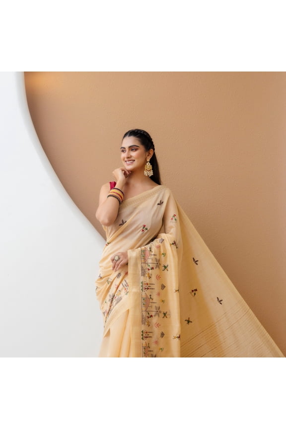 Elegant Beige Handwoven Saree with Intricate Multicolor Embroidery and Traditional Motifs Paired with Rich Design