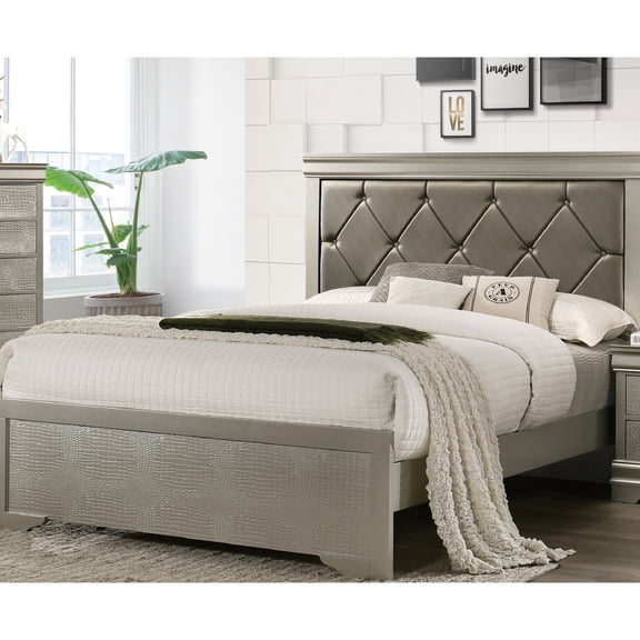 Elegant Beige Queen Bed With Upholstered Headboard And Crocodile Texture Alluring Aspect Detailing
