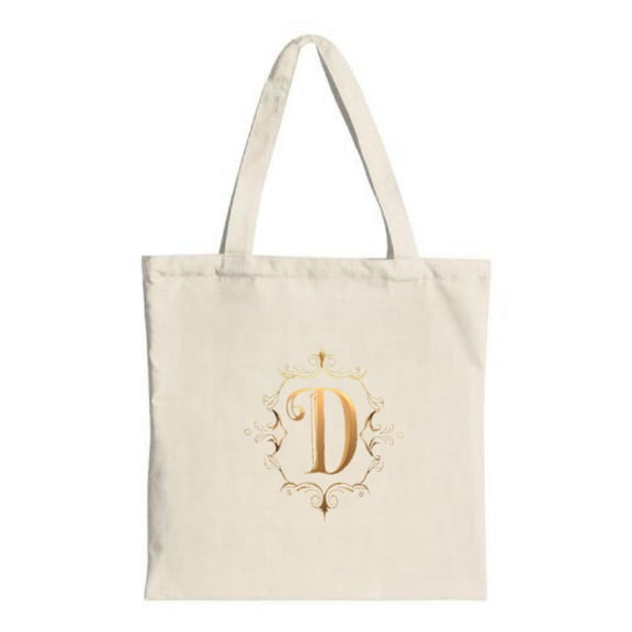Elegant Beige Tote Bag with Golden ' D ' and Ornate Swirling Patterns Perfect for Shopping Travel and Parties - Multifunctional Canvas Bag