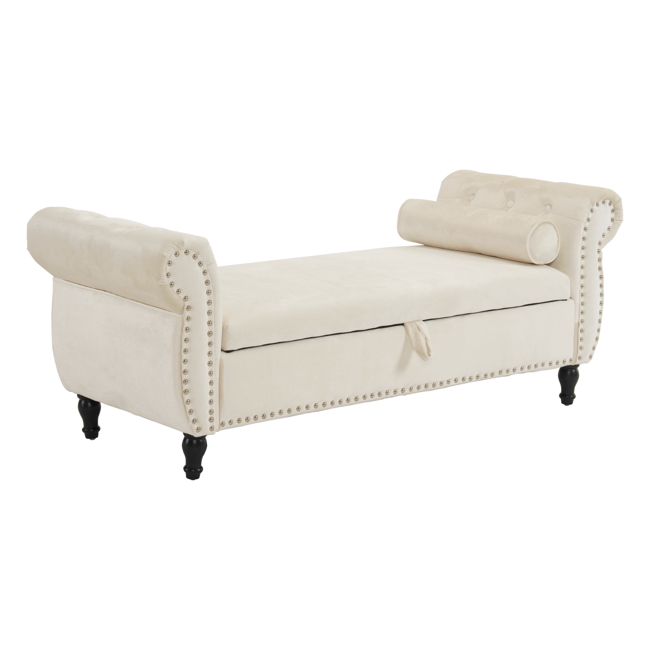 Elegant Beige Velvet Storage Ottoman with Nailhead Trim & Pillow