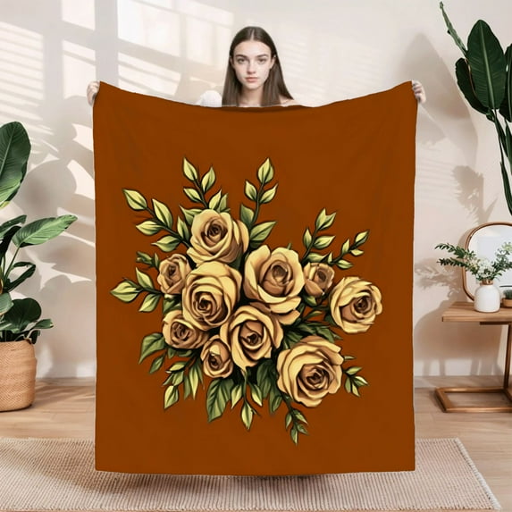 Elegant Beige and Light Brown Floral Pattern Flannel Blanket - Soft Cozy Durable for Sofa Travel Bed and Chair