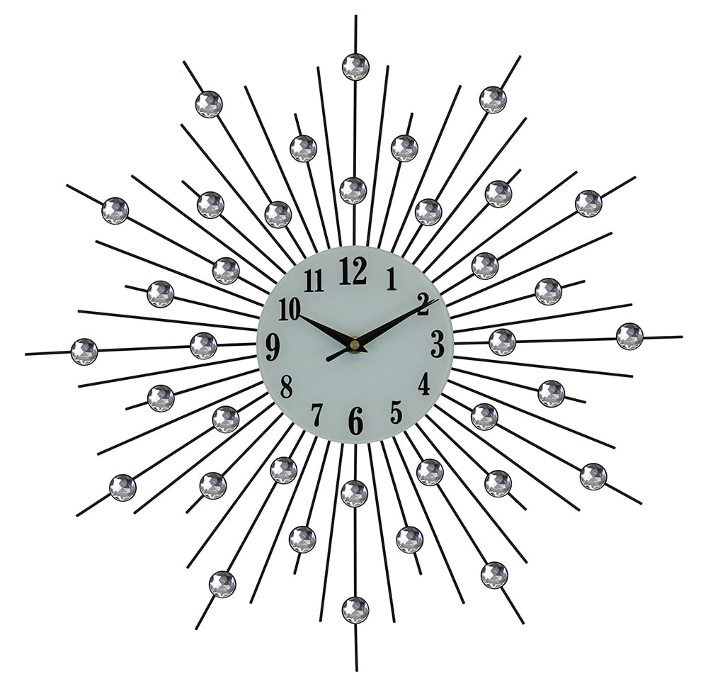 Elegant Bejeweled Silver Spikes Round Wall Clock with Crystal Accents 20"