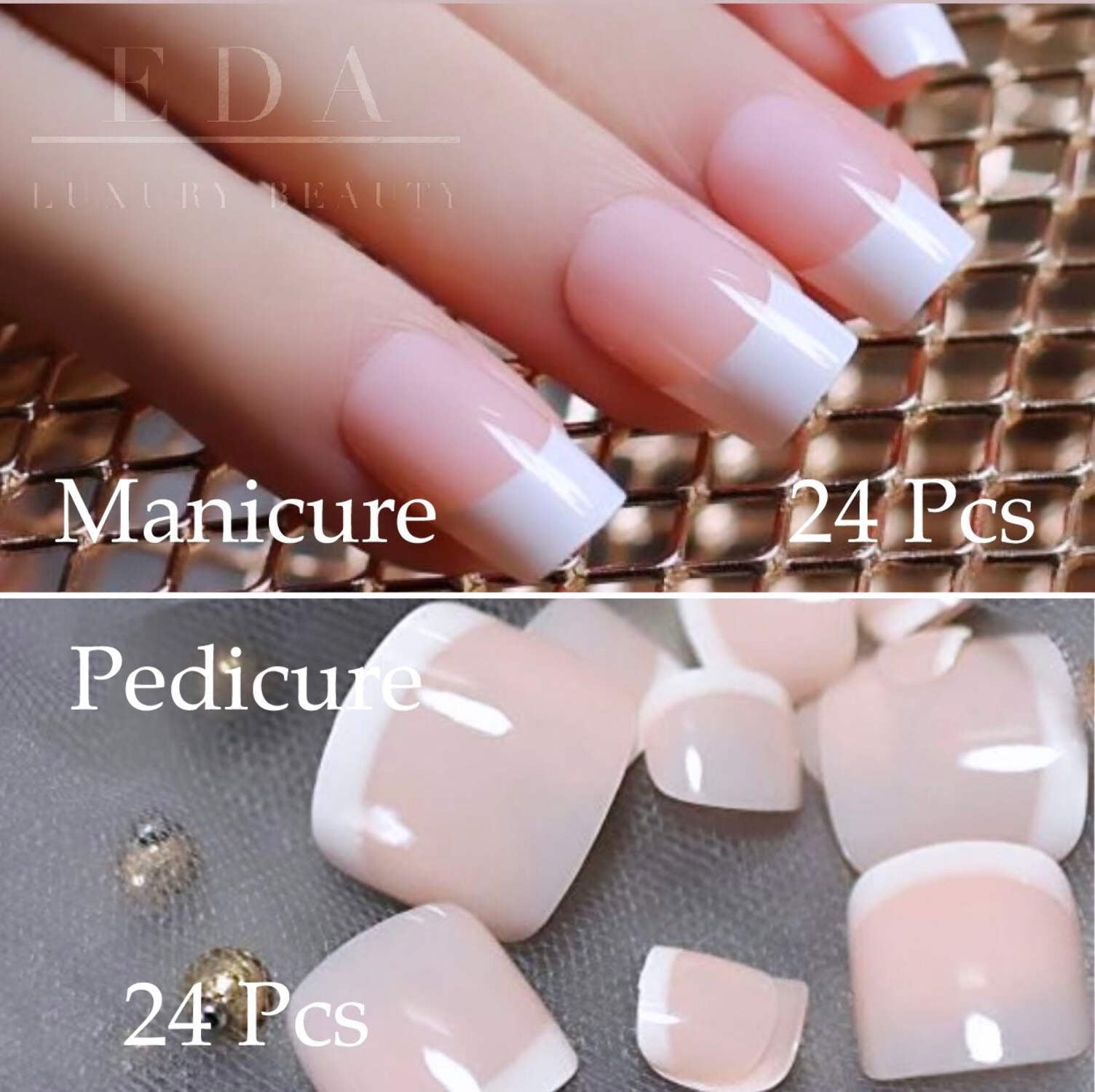 Elegant Belle | Nude Pink White French | Glossy | Square | Long | Reusable Press On Nails  Toe Nails Set