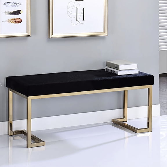 Elegant Bench For Bedroom With Rectangular Black Cushioned Seat And Champagne Base Fashionable In Gold Upholstered