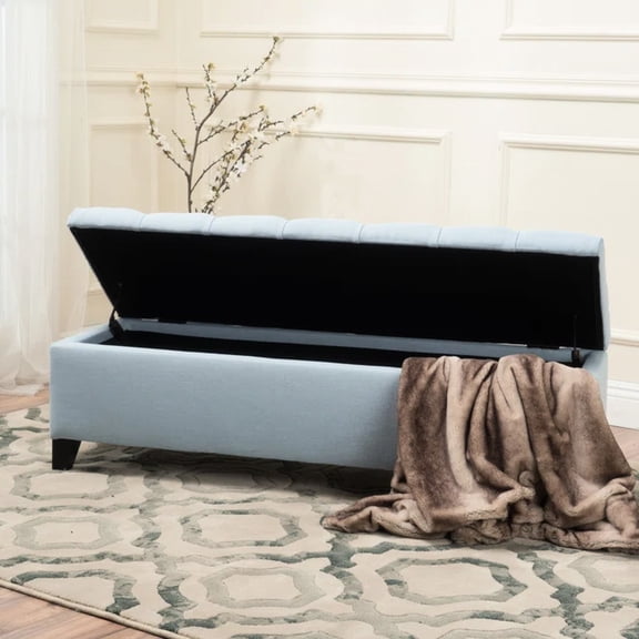 Elegant Bench With Blue Upholstery - Diamond Stitch, 51"w X 17.5"d 17"h For Living Room Fabric Storage Stitch Pattern 51" W 17.5" D 17" H