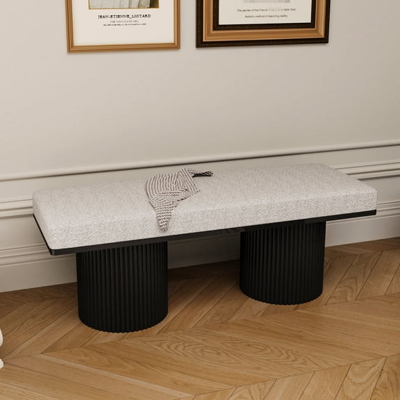 Elegant Bench with Black Chunky Legs and Light Grey Boucle - Versatile for Home Decor Needs