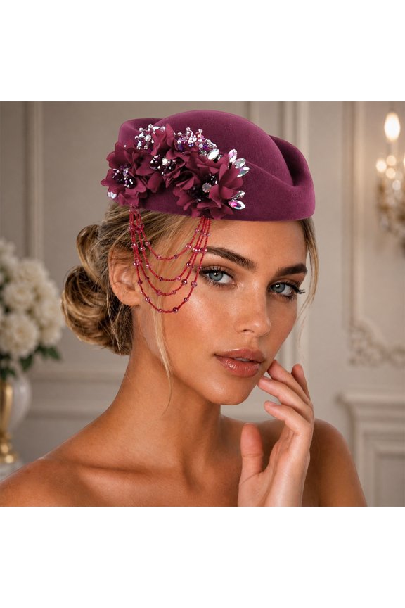 Elegant Beret Hat for Rhinestone Tassel Soft Cap