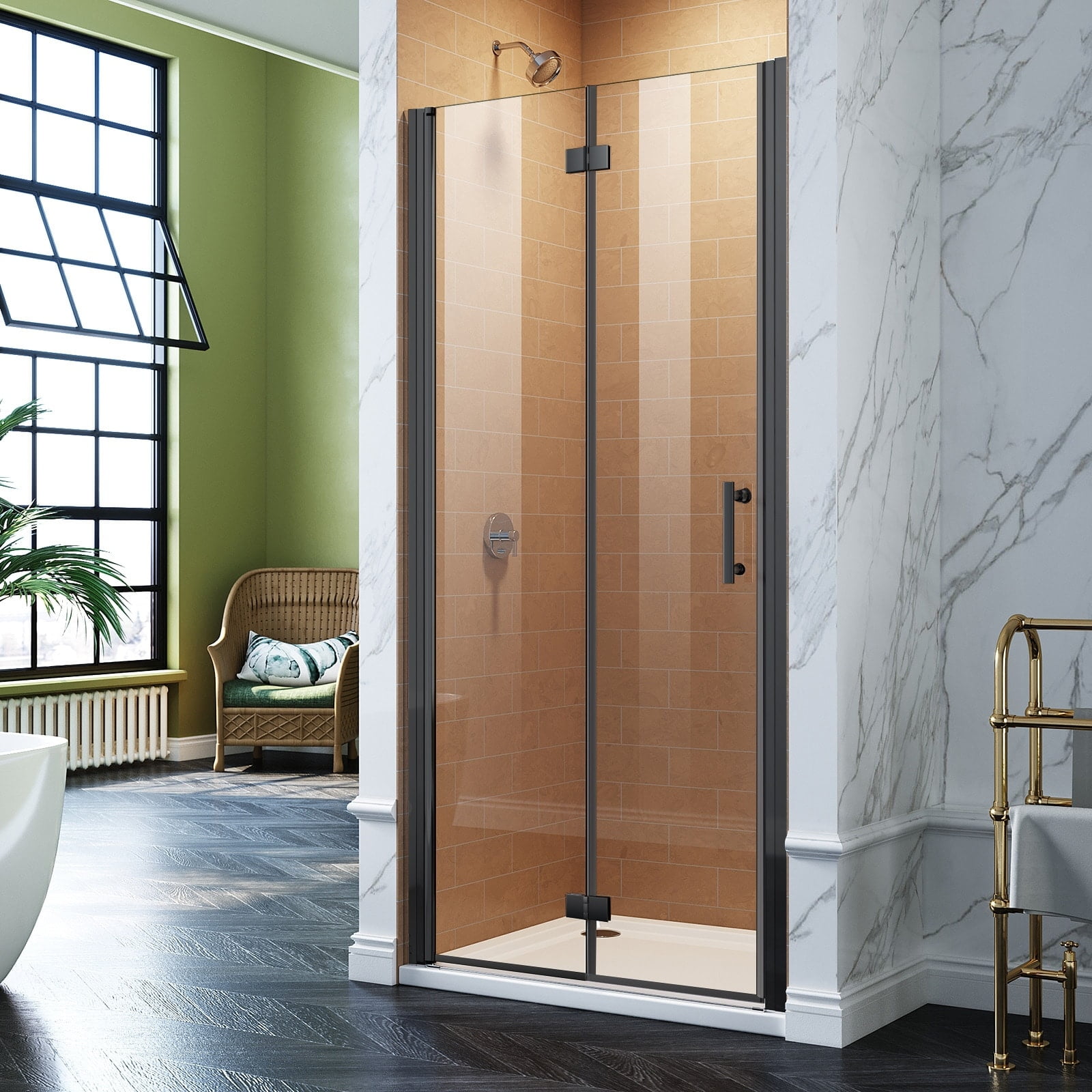 Elegant Matte Black Frameless Bi-Fold Shower Door, 30"W x 72"H