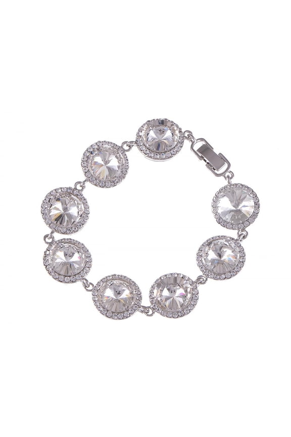 Elegant Big Round Faux Diamond Clear Crystal Rhinestone Silver Tone Bridal Fashion Bracelet