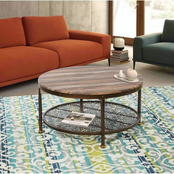 Elegant Big Round Wood/Metal Coffee Table Davee Round Wood and Metal Coffee Table - dia 36 in