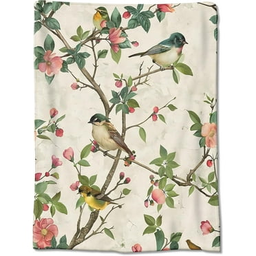 Elegant Birds and Blossoms Fleece Throw Blanket Vintage Floral and Songbird Pattern