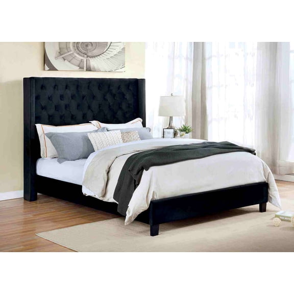 Elegant Black 1pc Eastern King Size Bed Fully Upholstered Frame Fabric Tufted HB Bedroom Wingback Design