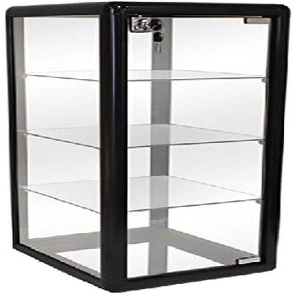 Elegant Black Aluminum Table Top Tempered Glass Display Showcase with (3) Glass Shelves. Hinged Glass Door Includes Lock and Key