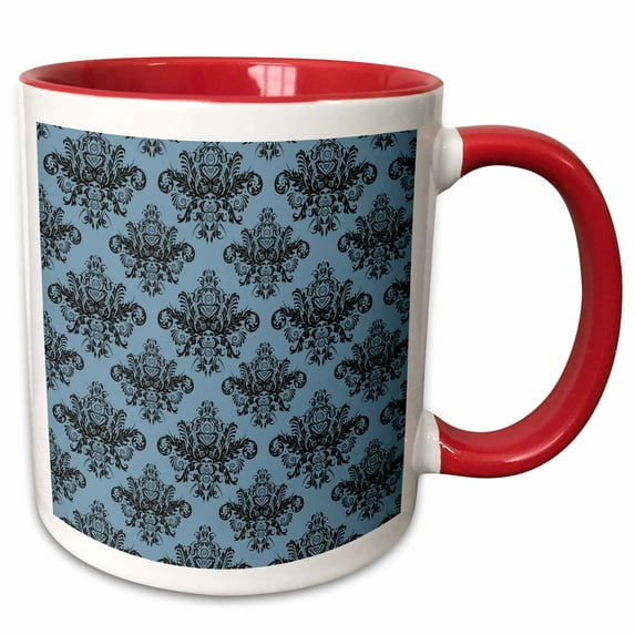 3drose, Elegant Black and Light Blue Baroque Damask Pattern, 11oz Two-tone Red Mug