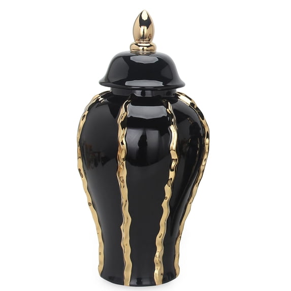 Elegant Black Ceramic Ginger Jar Vase with Gold Accents and Removable Lid- Timeless Home Decor,Black Ceramic Household Supplies Décor Accessories