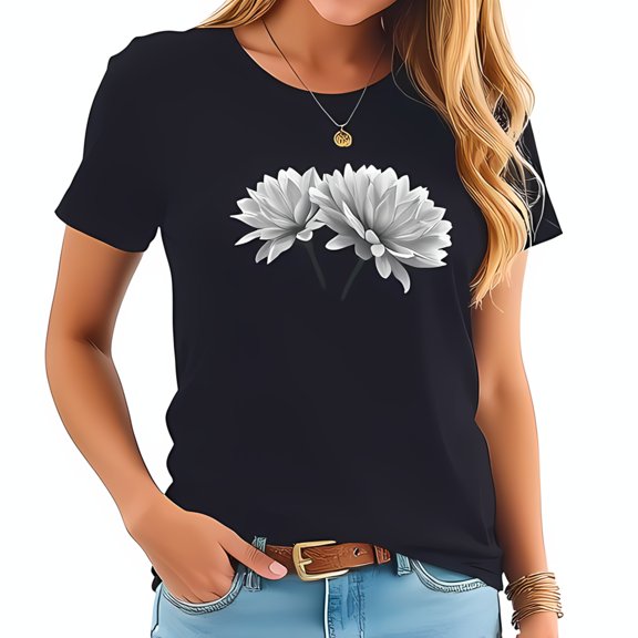 Elegant Black Cotton Short Sleeve T-Shirt with Striking White Floral Graphic Design - Stylish and Comfortable Casual Wear