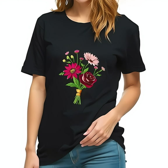 Elegant Black Cotton Short Sleeve T-Shirt with Vibrant Floral Bouquet Design - Pink Red and Burgundy Flowers with Gold Ribbon