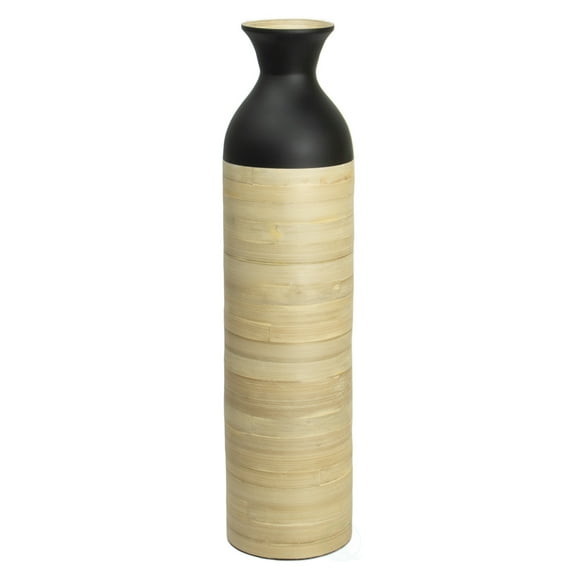 Elegant Black Cylinder Shaped Tall Spun Bamboo Floor Vases, Embellished with a Glossy Lacquer and Enhanced with Natural Bamboo Finish - Stylish Home Decor, Heights of 31 Inches