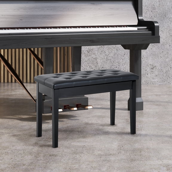 Elegant Black Faux Leather Duet Piano Bench, Button Tufted & Padded Seat, Solid Wood Frame, 30" Wide, Comfortable for Two Musicians, Easy to Move & Clean