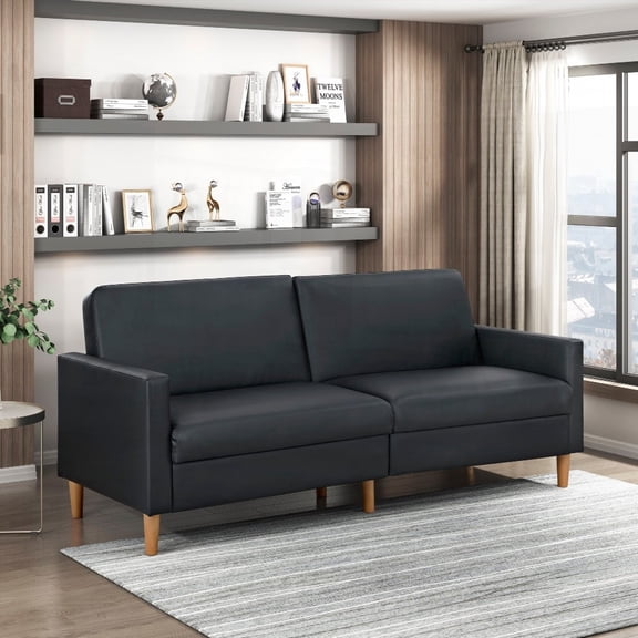 Elegant Black Faux Leather Sleeper Sofa on a Plywood Frame with Cushioned Seats