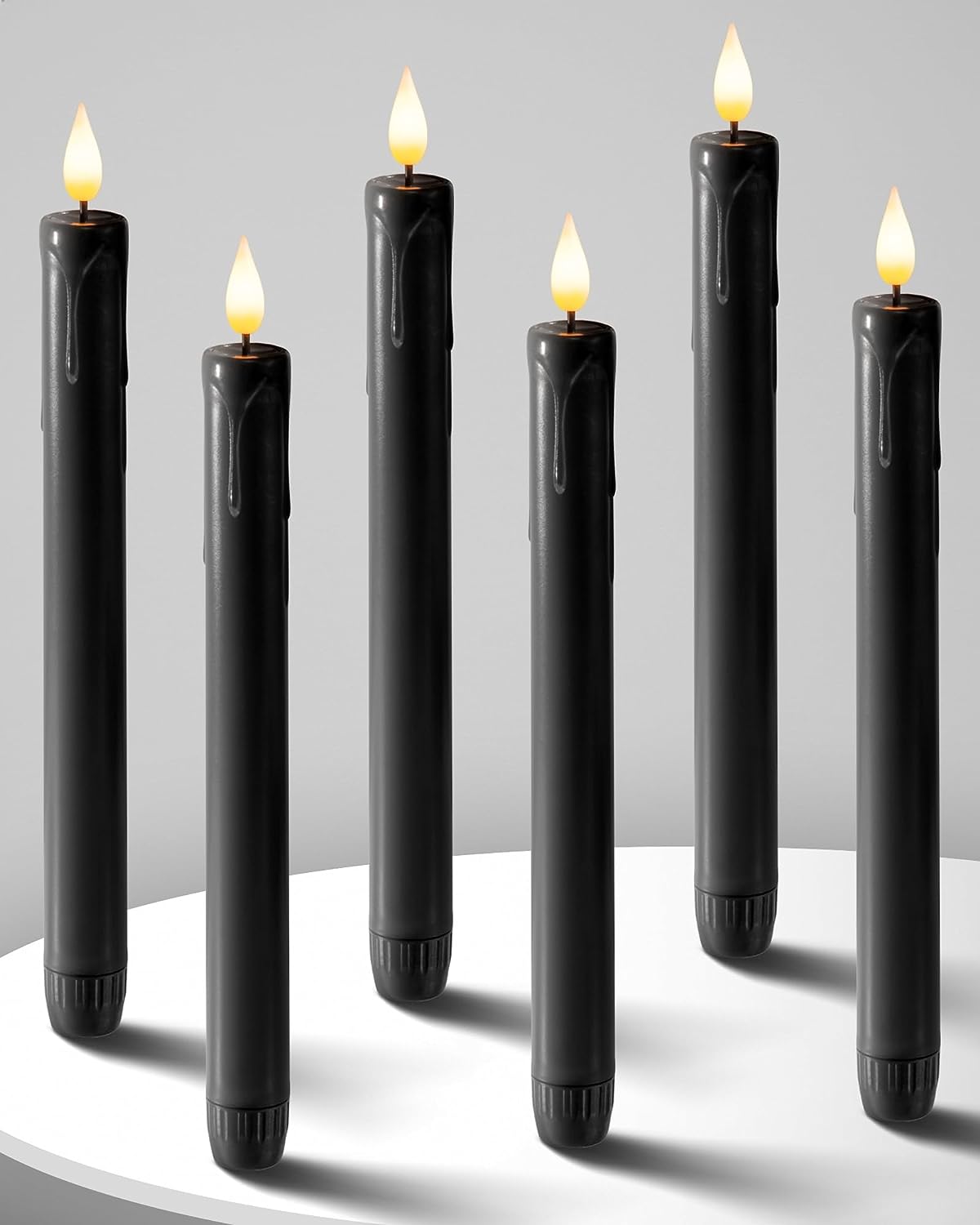 Elegant Black Flameless Taper Candles, 9.6 Inches Realistic Flickering
