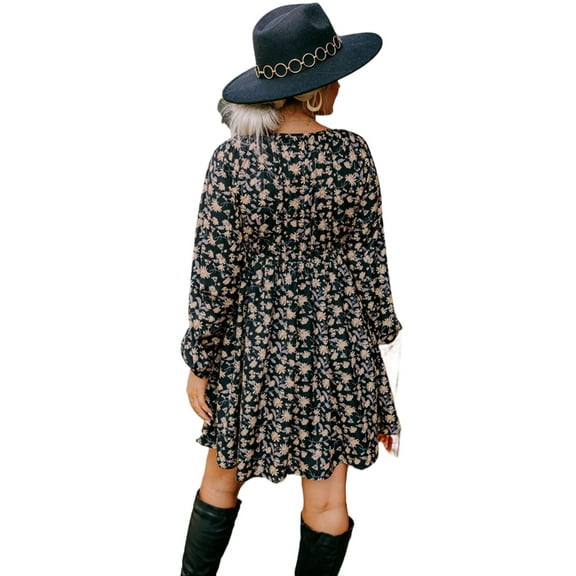 Elegant Black Floral Deep V Neck Smocked Bust Bubble Sleeve Babydoll Dress | [ZhiHiMeRi] | L