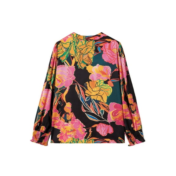 Elegant Black Floral Print V Neck Blouse with Smocked Cuffs and Puff Sleeves - [ZhiHiMeRi] | L