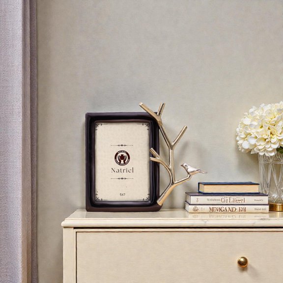 Elegant Black Frame with Silver Bird Branch Accent  Metallic Photo Frame