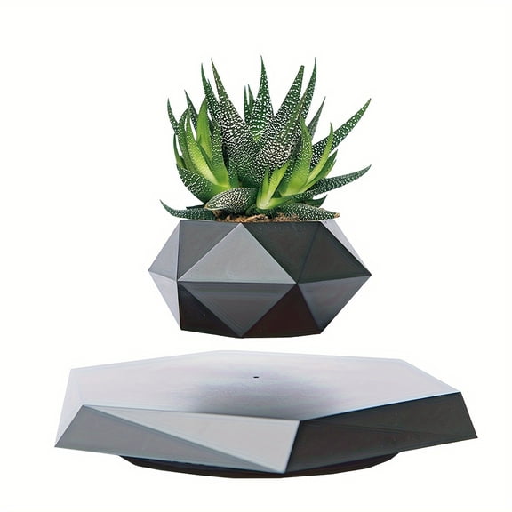 Elegant Black Geometric Magnetic Levitating Plant Pot - Rotating Floating Bonsai Planter with Airflow Design, Hexagonal Base for Indoor Air Plants, Includes Stand
