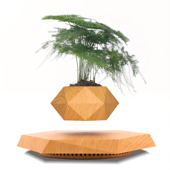 Elegant Black Geometric Magnetic Levitating Plant Pot - Rotating Floating Bonsai Planter with Airflow Design, Hexagonal Base for Indoor Air Plants, Includes Stand