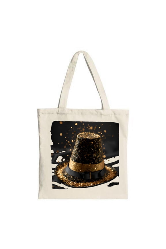 Elegant Black Hat Tote Bag with Gold Glitter & Ribbon - Stylish Canvas Bag for Parties Travel & Shopping - Reusable & Multifunctional