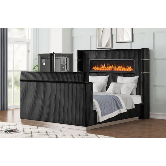 King Size Wood Platform Bed Frame with Fireplace & TV Stand in Black (for Master Bedroom)