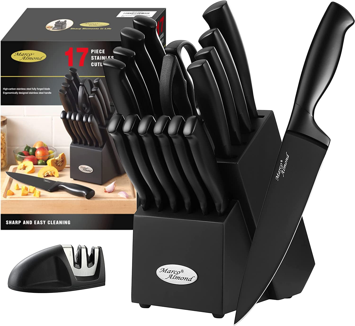 Elegant Black Knife Set,DISHWASHER SAFE Marco Almond MA23 17-Pieces Kitchen Chef Knife Set With Block,Stainless Steel Hollow Handle Knives Block Set with Knife Sharpener
