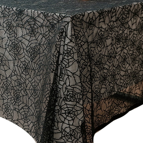 Elegant Black Lace Halloween Tablecloth Polyester Fabric Party Accessory Reusable Wrinkles Resistant Easy Caring