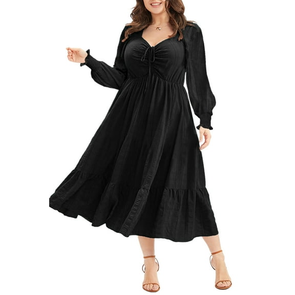 Elegant Black Lace-up Ruched Front Long Sleeve Plus Size Midi Dress with Ruffle Hem - [ZhiHiMeRi] | 1X