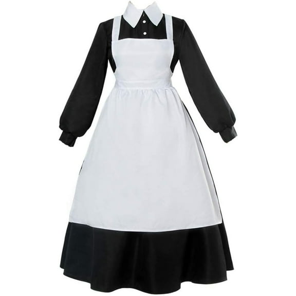 Elegant Black Long Skirt with White Apron Maid Outfit Cafe-style