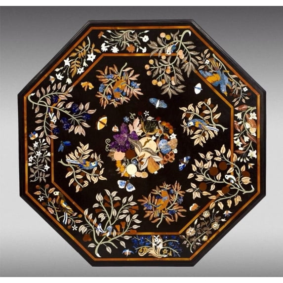 Elegant Black Marble Pietra Dura Table - Intricate Mosaic Art, Eye-Catching Centerpiece for Home Decor, Hallway, or Outdoor Bar-52 Inch
