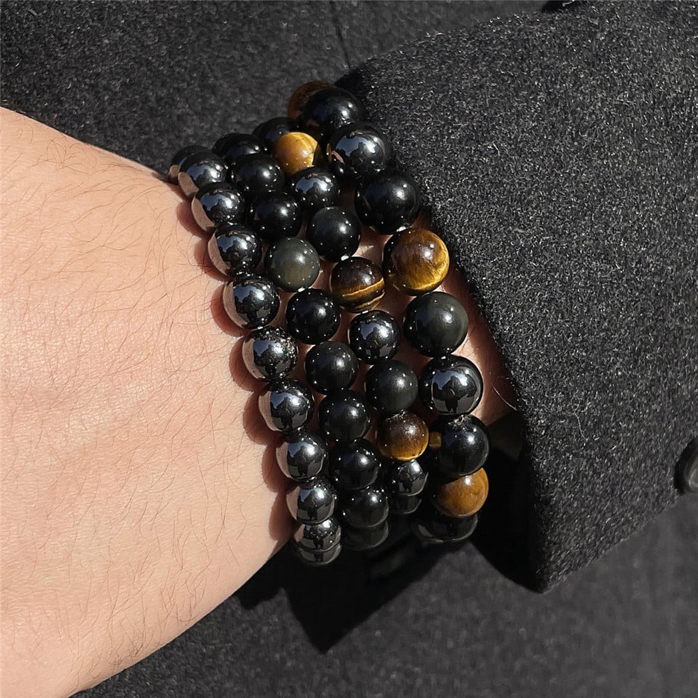 Elegant Black Matte Braided Bracelet Set for Men with Copper Zircon Embellishments
