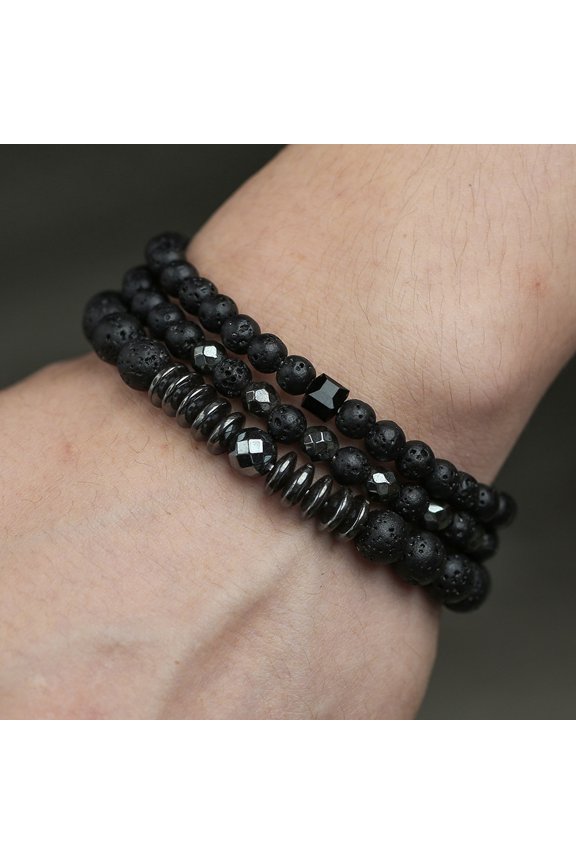 Elegant Black Matte Braided Bracelet Set for Men with Copper Zircon Embellishments