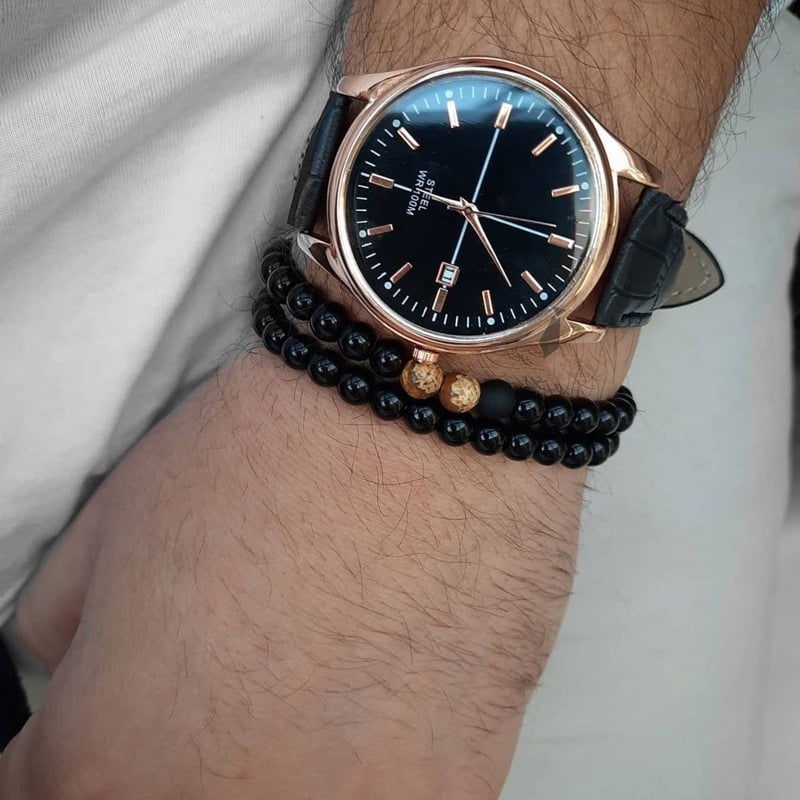 Elegant Black Matte Braided Bracelet Set for Men with Copper Zircon Embellishments