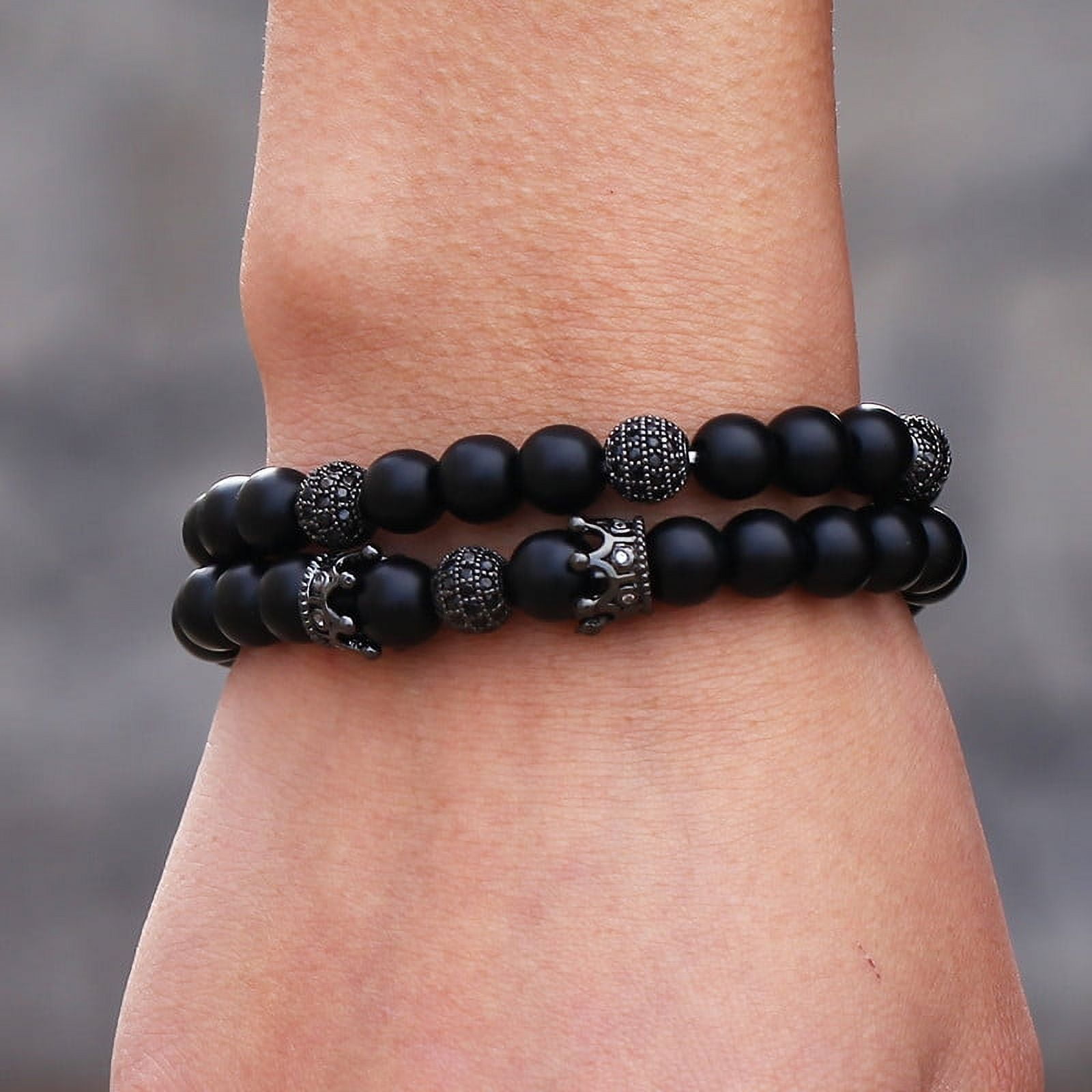 Elegant Black Matte Braided Bracelet Set for Men with Copper Zircon Embellishments