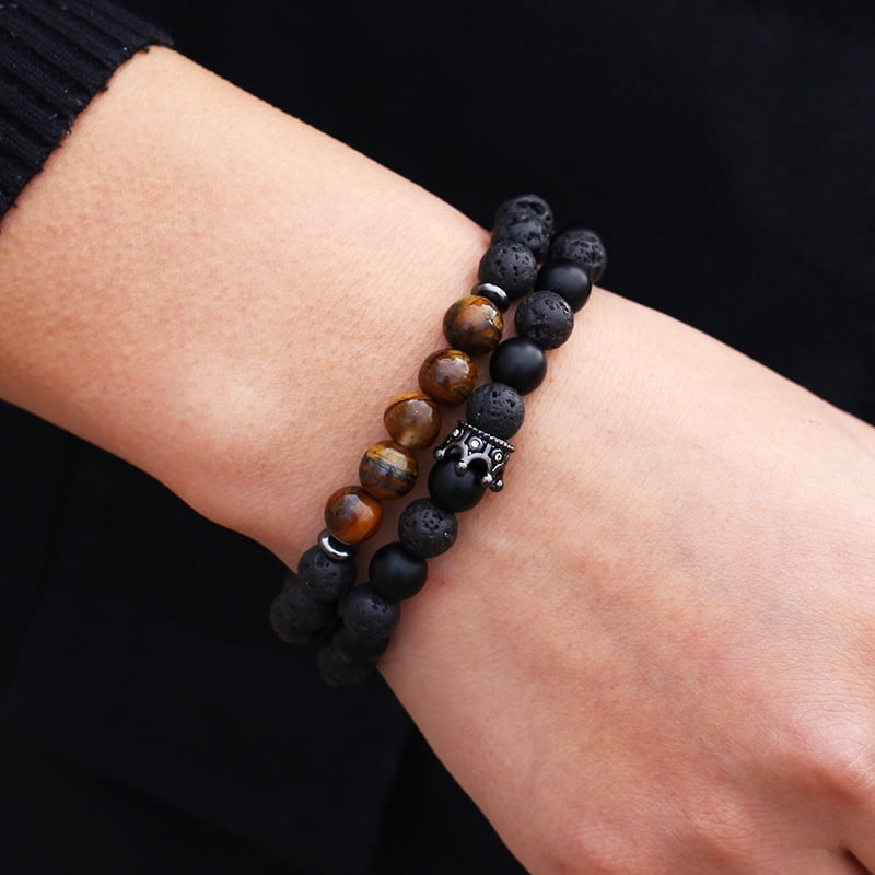 Elegant Black Matte Braided Bracelet Set for Men with Copper Zircon Embellishments