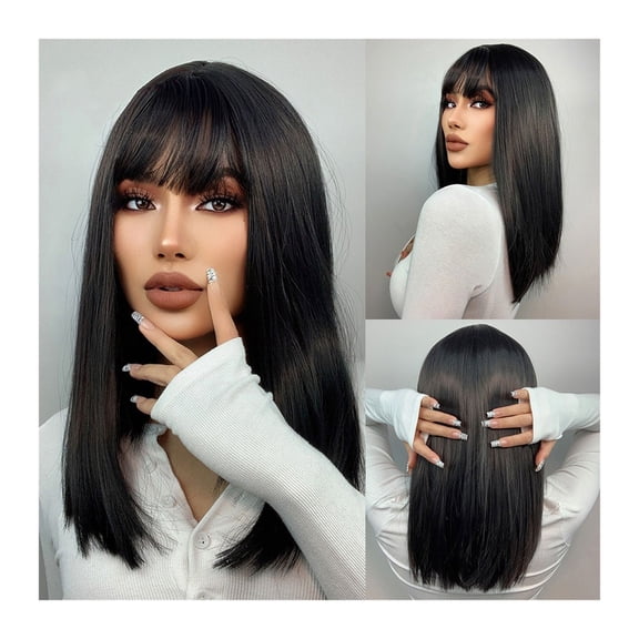 Elegant Black Medium Straight Bob Hair Wigs with Bangs for Women - Fashionable and Versatile Hairstyle