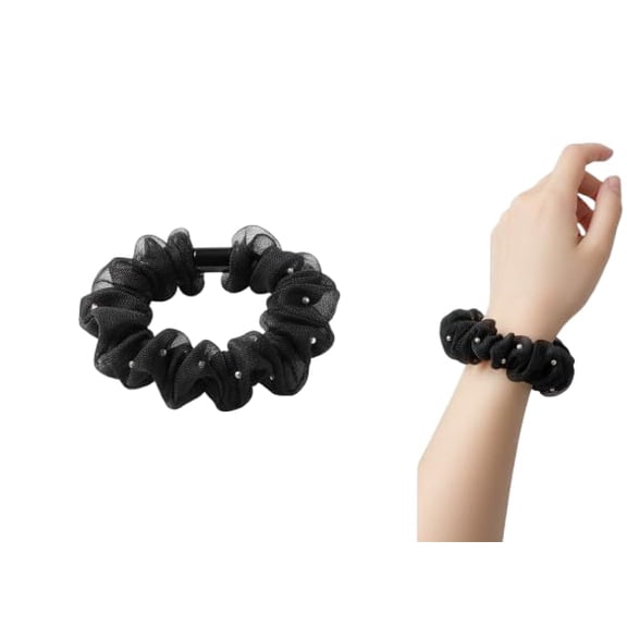 Elegant Black Net Scrunchie for Women | Pearl-Studded Hair Tie | Soft Stretchable Hair Accessory for Ponytail & Bun | Stylish Wrist Bracelet Scrunchie (Pack Of 10)