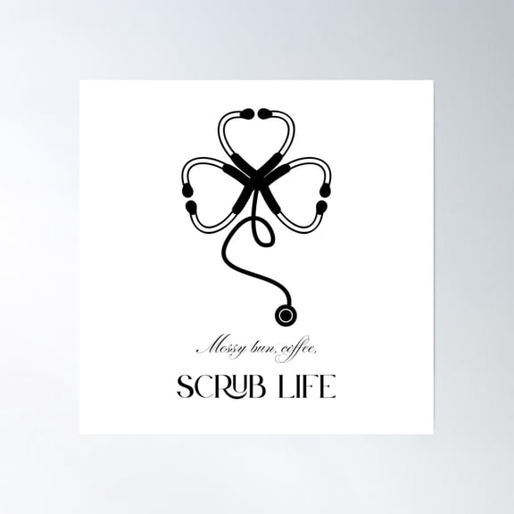 Elegant Black Nurse Life Design – Messy Bun Coffee Scrubs With Clover Stethoscope Poster Wall Art, Modern Wall Decor, 16x16 UNFRAMED