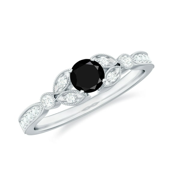 Rosec Jewels Natural Black Onyx Engagement Ring with Diamond - Vintage Style Ring - AAA Quality - with Jewelry Box, 14K White Gold, US 4.50