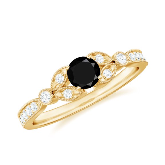 Rosec Jewels Natural Black Onyx Engagement Ring with Diamond - Vintage Style Ring - AAA Quality - with Jewelry Box, 14K Yellow Gold, US 9.00
