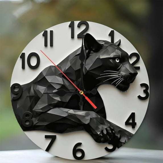 Elegant Black Panther Abstract Wall Clock Design 10-Inch Silent Wooden Wall Clock, Battery Operated (AA Batteries Not Included), Artistic Home Decor